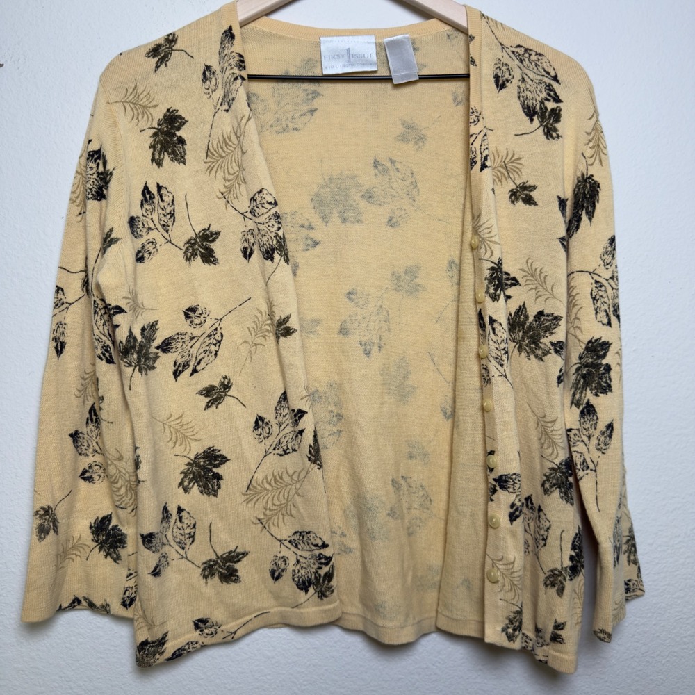 VTG Y2K Women Cotton‎ Ramie Cardigan Sweater XL Yellow Leaf Print Cottagecore